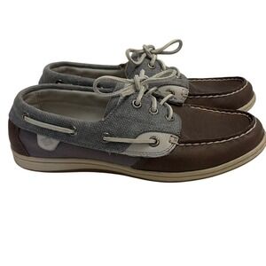 Sperry Top-Sider Boat Shoes Brown Leather Gray Canvas Preppy Coastal Womens 7
